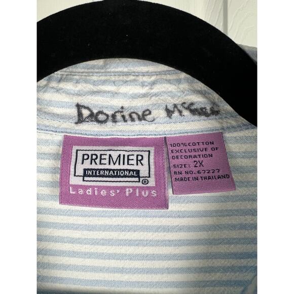 Premier International Blue Striped Denim Faux Pearl Butterfly Embroidered Top 2X - Picture 2 of 8